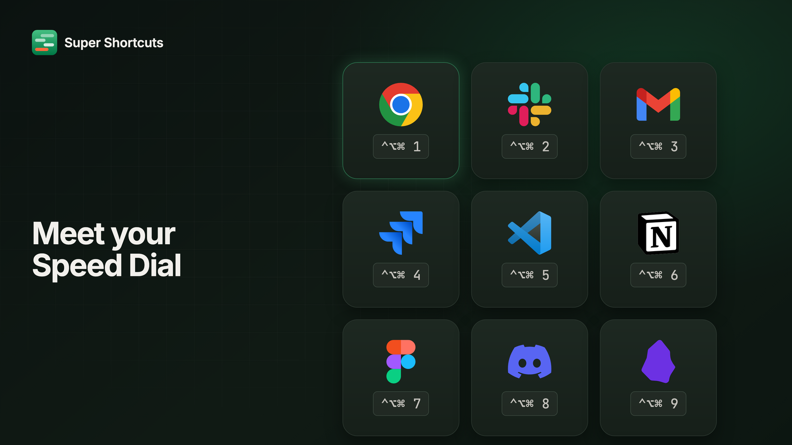 A three-by-three grid of app tiles, each labelled with the single key that launches it, numbered 1 through 9.