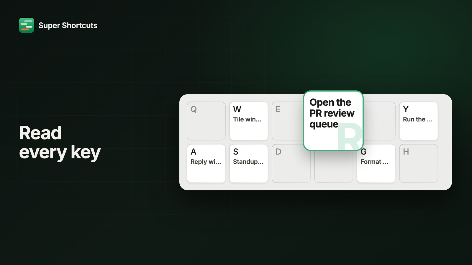 Two rows of Shortcut Keyboard keys whose shortcut names are cut off, with the hovered R key scaled up over its own spot to show its full name, Open the PR review queue.