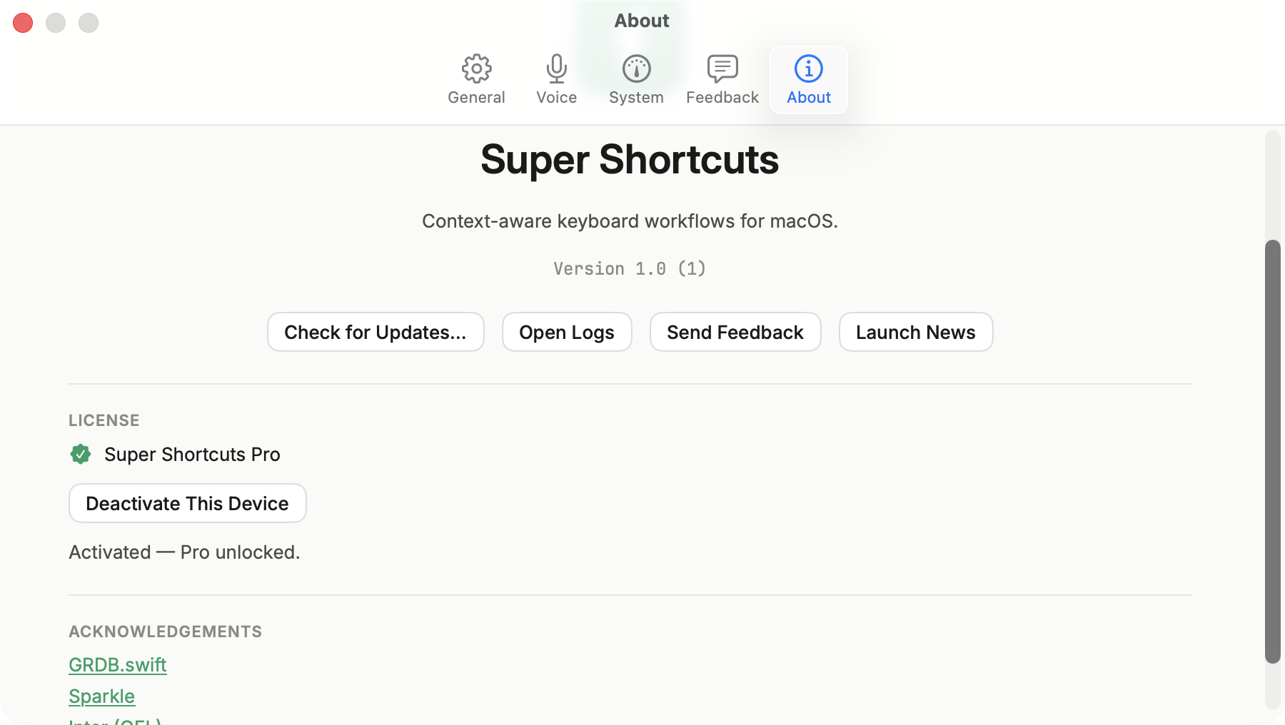 The same section after a successful activation: the green “Activated - Pro unlocked.” status and the Super Shortcuts Pro badge.