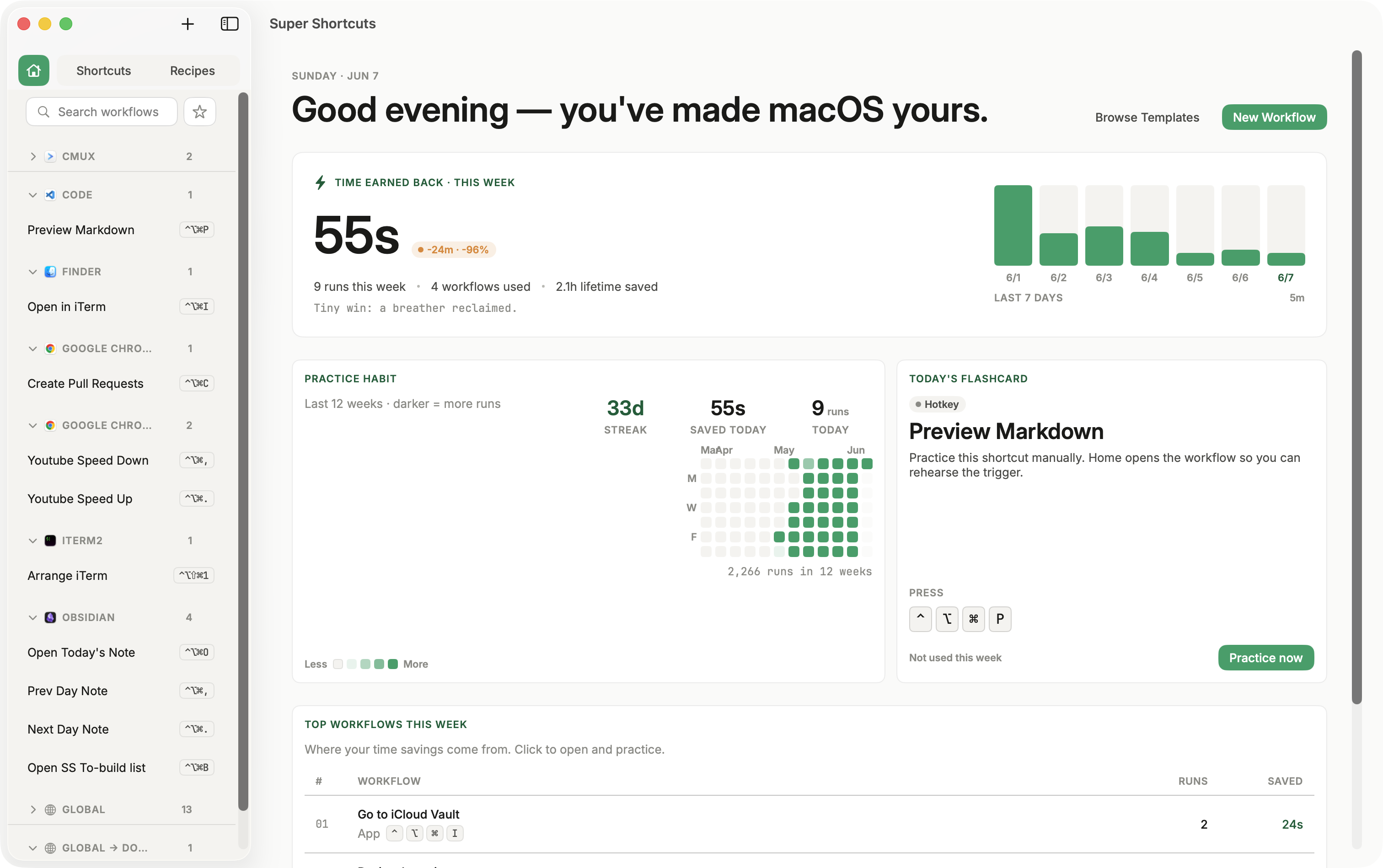 The Super Shortcuts Home dashboard: time earned back this week, a practice-habit streak calendar, saved-today and runs-today counters, today's flashcard, and top workflows this week.