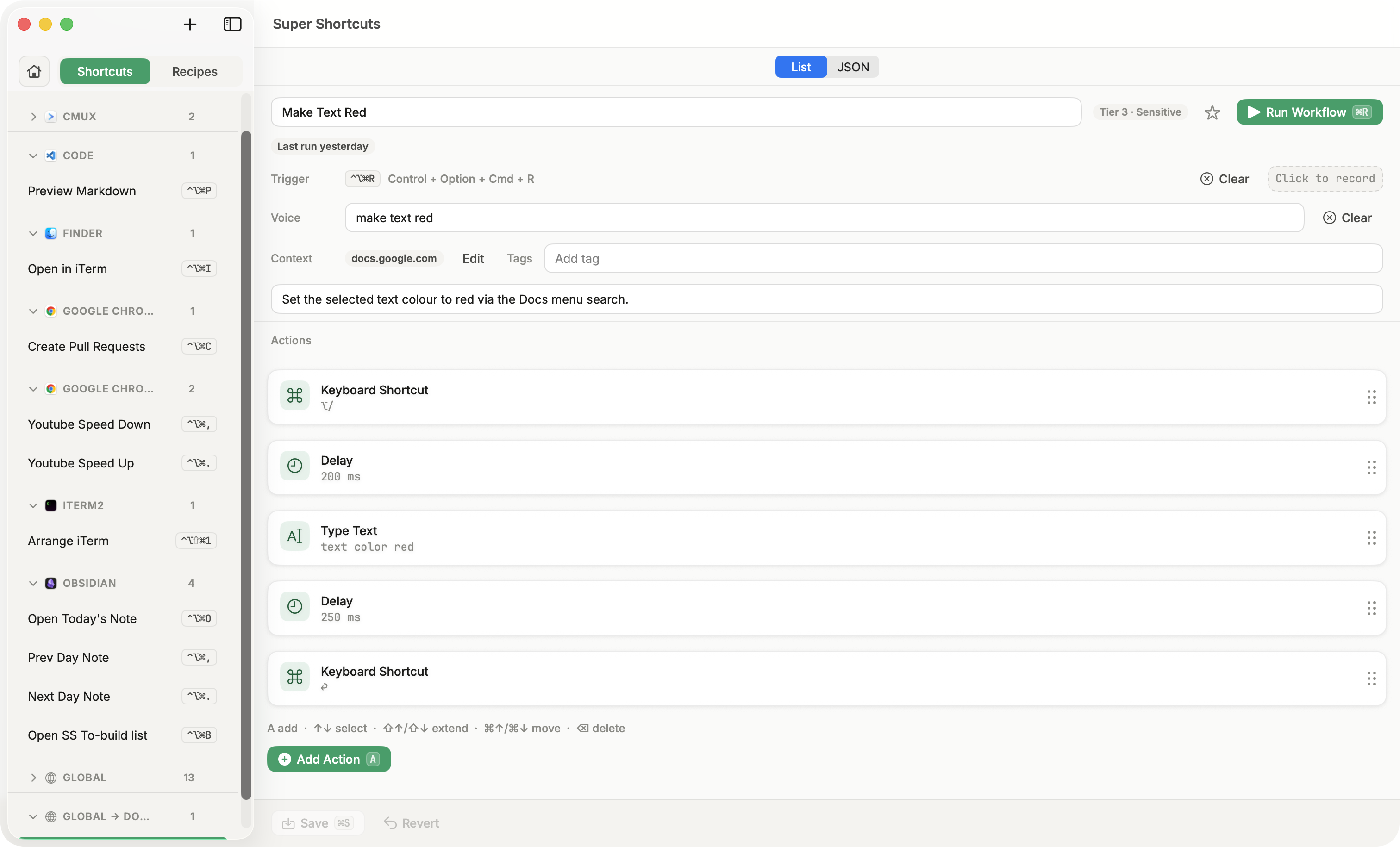 The Super Shortcuts workflow editor for the Make Text Red command - its ⌃⌥⌘R trigger, “make text red” voice phrase, Google Docs context, and the step-by-step action chain.
