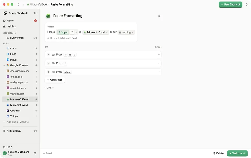 The editor: the sentence, the DO steps, autosave, and Test run.