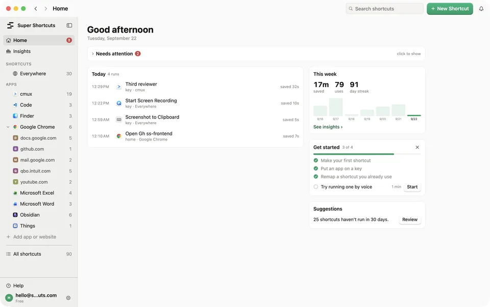 The Home page: today's runs, time saved this week, and the Get started checklist.