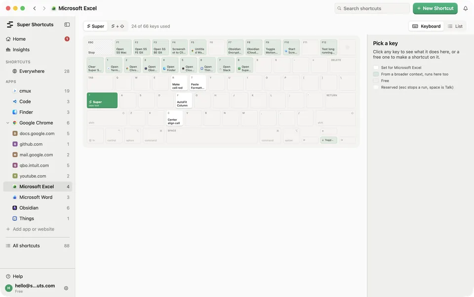 The Shortcuts page as a keyboard: your shortcuts drawn on your own Mac layout.