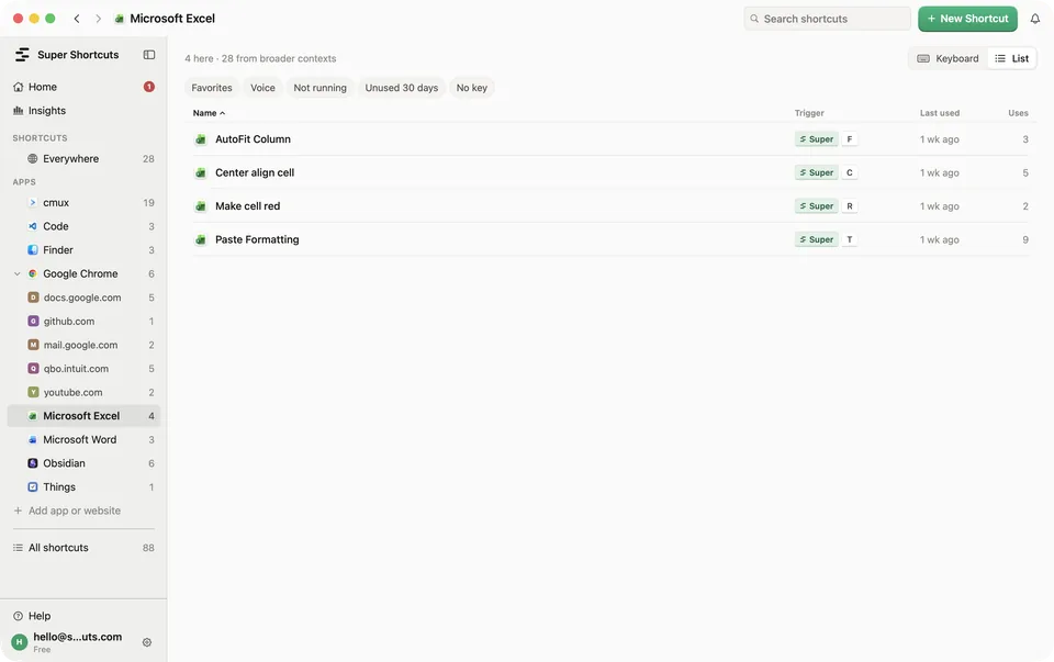 The Shortcuts page as a list, filtered to one app, with triggers and usage.